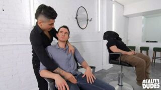 Dark-haired Hotties San Bass & Killiam Wesker Swap Sloppy Blowjobs On The Barber Chair -Real Dudes