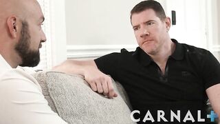 Gay Legrand Wolf watches twink spitroasted by big dick DILF pals