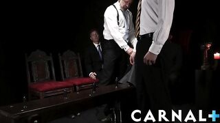 Hot Three sexy suited DILFs seduce and bareback jock