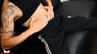 FX spreads his legs, lies back & jacks his cock