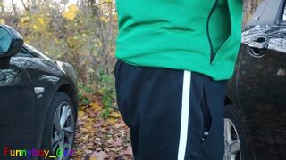 I jerk my uncut cock in a commuter parking lot. Unfortunately, a voyeur then showed up.