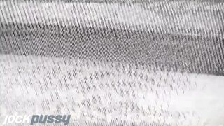 Inked FTM jock cums from getting fucked by dildo