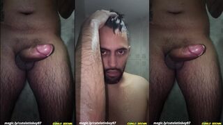 Hot young latino with a big uncut cock masturbating in the shower until he cums handsfree Slow motion cumshot FREE FULL
