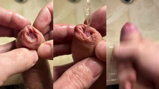 Extreme closeup playing with foreskin and piss, then wanking a string of thick cum into my hand