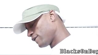 Blonde guy having bareback interracial gay sex