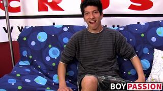 Interviewed young twink jerks off his big dick and cums