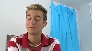 Blond Devin Becker anal plays with dildo while jerking of