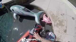 Men Outdoor pool fuck and facial with Jack Hunter