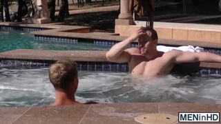 Hunky guys have hardcore anal threesome sex by the pool