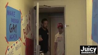 Poor sexy twink gets fucked by three big dick hunks