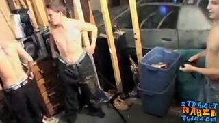 Four straight buddies get together for group masturbation