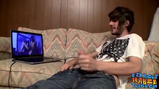 Skinny straight thug jerks off while watching internet porn
