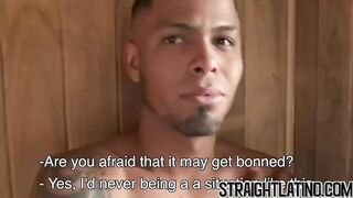 Inked jock rides dick for first time shoots cum on himself