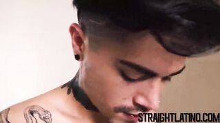 Inked straight latino bareback before black stud facial