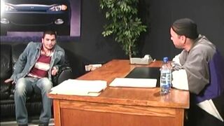 Bearded muscular guy gets banged by black men