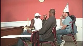 A black teacher and two black students sharing a white guy