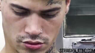 Tattooed Latino guy barebacked hard in a threesome