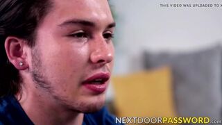 Sensual young homo tugs big cock slowly until he cums