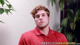 Cute young man grabs his big throbbing dick and masturbates