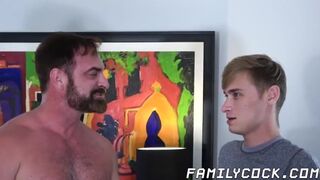 Mature hunky daddy fucks his stepson and his gay lover