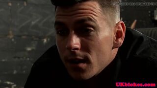 Muscular hunk lifted while throating jock