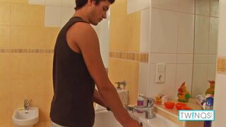 Hot Brunette Joshua D Masturbates And Cumshots Into His Abs!