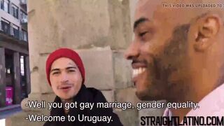 Inked straight latino bareback before black stud facial