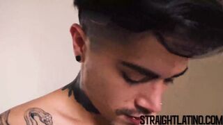 Inked straight latino bareback before black stud facial
