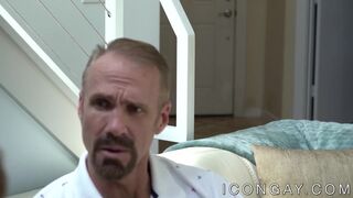 Handsome inked hunk banging young jock after rimjob