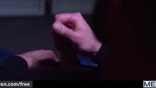 Handsome guy jerks off watching two muscular men fucking