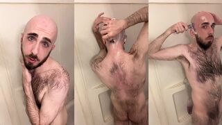 Very hairy skinny blue-eyed white guy shaves his head in the showet