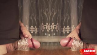 Two stepbrothers cum on each other putting their cocks in a hole on the table - double video