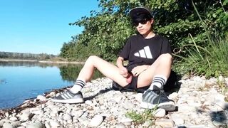 Sexy twink jerks off, cums on his leg, Jon Arteen is a sexy Asian boy who wears an Adidas black tshirt, short short, white socks, sneakers
