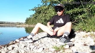 Sexy twink jerks off, cums on his leg, Jon Arteen is a sexy Asian boy who wears an Adidas black tshirt, short short, white socks, sneakers