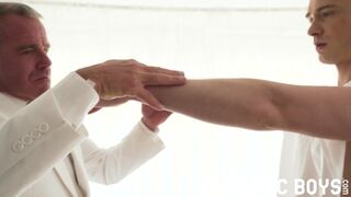 Cole Blue barebacked by suited silver muscle daddy Savage