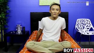 Asian twink strips naked and masturbates after an interview
