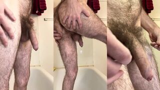 Side view of my very hairy dick, legs, and ass before the shower